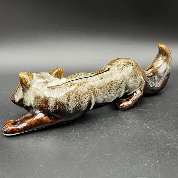 Vintage Art Pottery Fox Figurine Brown Drip Glaze Handcrafted Ceramic Sculpture - Picture 7 of 12